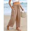 image:imageFlygo Women Wide Leg Pants Summer Beach Flowy Palazzo Trousers High Waisted Drawstring Casual Loose Harem Pants with PocketsKhaki
