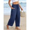 image:imageFlygo Women Wide Leg Pants Summer Beach Flowy Palazzo Trousers High Waisted Drawstring Casual Loose Harem Pants with PocketsNavy Blue