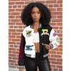 image:imageFlygo Womens Cropped Baseball Jacket Color Block Print Y2k Varsity Bomber Uniform StreetwearBlack