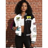 image:imageFlygo Womens Cropped Baseball Jacket Color Block Print Y2k Varsity Bomber Uniform StreetwearBlack
