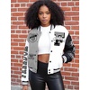 image:imageFlygo Womens Cropped Baseball Jacket Color Block Print Y2k Varsity Bomber Uniform StreetwearGrey