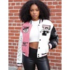 image:imageFlygo Womens Cropped Baseball Jacket Color Block Print Y2k Varsity Bomber Uniform StreetwearPink