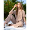 image:imageFlygo Womens Gingham Pajama Set 2 Piece Cotton Pjs Lounge Sets  Puff Short Sleeve Plaid Babydoll Set Pleated Front Henley Top Elastic Waist Pants Side Pockets Matching Summer OutfitsBrown