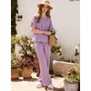 image:imageFlygo Womens Gingham Pajama Set 2 Piece Cotton Pjs Lounge Sets  Puff Short Sleeve Plaid Babydoll Set Pleated Front Henley Top Elastic Waist Pants Side Pockets Matching Summer OutfitsPurple