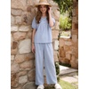 image:imageFlygo Womens Gingham Pajama Set 2 Piece Cotton Pjs Lounge Sets  Puff Short Sleeve Plaid Babydoll Set Pleated Front Henley Top Elastic Waist Pants Side Pockets Matching Summer OutfitsBlue