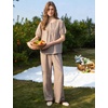 image:imageFlygo Womens Gingham Pajama Set 2 Piece Cotton Pjs Lounge Sets  Puff Short Sleeve Plaid Babydoll Set Pleated Front Henley Top Elastic Waist Pants Side Pockets Matching Summer OutfitsBrown