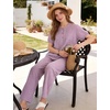 image:imageFlygo Womens Gingham Pajama Set 2 Piece Cotton Pjs Lounge Sets  Puff Short Sleeve Plaid Babydoll Set Pleated Front Henley Top Elastic Waist Pants Side Pockets Matching Summer OutfitsPurple