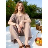 image:imageFlygo Womens Gingham Pajama Set 2 Piece Cotton Pjs Lounge Sets  Puff Short Sleeve Plaid Babydoll Set Pleated Front Henley Top Elastic Waist Pants Side Pockets Matching Summer OutfitsBrown