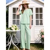 image:imageFlygo Womens Gingham Pajama Set 2 Piece Cotton Pjs Lounge Sets  Puff Short Sleeve Plaid Babydoll Set Pleated Front Henley Top Elastic Waist Pants Side Pockets Matching Summer OutfitsGreen