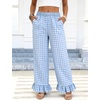 image:imageFlygo Womens Gingham Pants Y2K Cotton Wide Leg Ruffle Hem Lounge Pants Plaid Elastic Wasited Trouser with PocketsBlueS