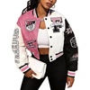 image:imageFlygo Womens Cropped Baseball Jacket Color Block Print Y2k Varsity Bomber Uniform StreetwearPink
