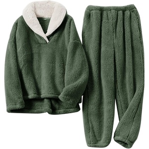 image:imageFlygo Mens Pajamas Set Winter Warm Coral Fleece Pajamas Fuzzy Pants Lounge Set Loose Plush SleepwearArmygreen