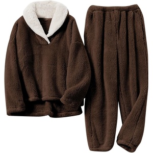 image:imageFlygo Mens Pajamas Set Winter Warm Coral Fleece Pajamas Fuzzy Pants Lounge Set Loose Plush SleepwearBrown