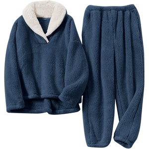 image:imageFlygo Mens Pajamas Set Winter Warm Coral Fleece Pajamas Fuzzy Pants Lounge Set Loose Plush SleepwearDarkblue