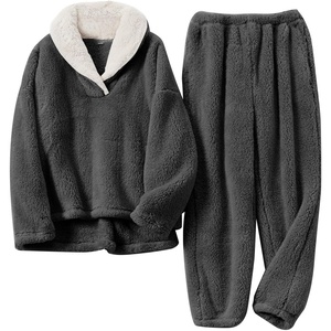 image:imageFlygo Mens Pajamas Set Winter Warm Coral Fleece Pajamas Fuzzy Pants Lounge Set Loose Plush SleepwearDarkgrey