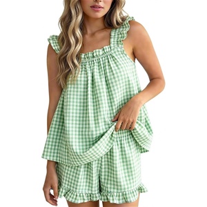 image:imageFlygo Pajama for Women Sets 2 Piece Summer Gingham Ruffle Trim Cami Top Short Sets Y2K Cute Plaid Pjs Lounge Sleepwear OutfitGreen