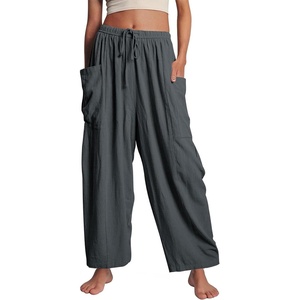 image:imageFlygo Women Wide Leg Pants Summer Beach Flowy Palazzo Trousers High Waisted Drawstring Casual Loose Harem Pants with PocketsDark Grey