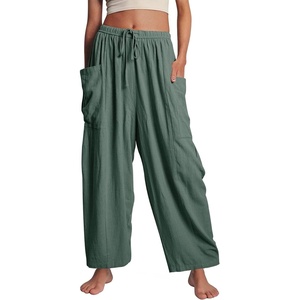image:imageFlygo Women Wide Leg Pants Summer Beach Flowy Palazzo Trousers High Waisted Drawstring Casual Loose Harem Pants with PocketsGreen