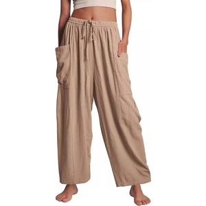 image:imageFlygo Women Wide Leg Pants Summer Beach Flowy Palazzo Trousers High Waisted Drawstring Casual Loose Harem Pants with PocketsKhaki