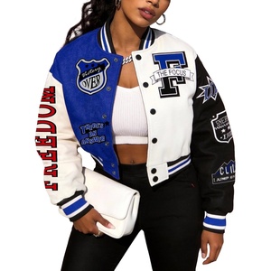 image:imageFlygo Womens Cropped Baseball Jacket Color Block Print Y2k Varsity Bomber Uniform StreetwearBlue