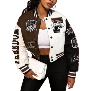 image:imageFlygo Womens Cropped Baseball Jacket Color Block Print Y2k Varsity Bomber Uniform StreetwearBrown