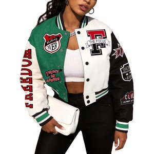 image:imageFlygo Womens Cropped Baseball Jacket Color Block Print Y2k Varsity Bomber Uniform StreetwearGreen