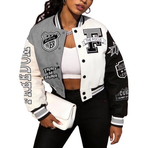 image:imageFlygo Womens Cropped Baseball Jacket Color Block Print Y2k Varsity Bomber Uniform StreetwearGrey