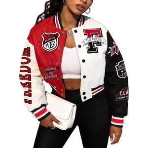 image:imageFlygo Womens Cropped Baseball Jacket Color Block Print Y2k Varsity Bomber Uniform StreetwearRed