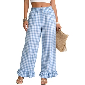 image:imageFlygo Womens Gingham Pants Y2K Cotton Wide Leg Ruffle Hem Lounge Pants Plaid Elastic Wasited Trouser with PocketsBlueS