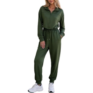 image:imageFlygo Womens Half Zip Collared Long Sleeve Jumpsuit with Pockets  Soft Stretch Lightweight Fabric Collared Half Zip Design Drawstring Elastic Waist Cuffed Jogger Legs with Side PocketsArmygreen