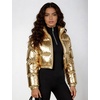 image:imageFlygo Womens Metallic Shiny Cropped Puffer Jacket Coat  Long Sleeve Padded Short Down Coat Winter Warm Stand Collar Side Pockets Waterproof Y2K Streetwear Rave Party FestivalsGold