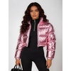 image:imageFlygo Womens Metallic Shiny Cropped Puffer Jacket Coat  Long Sleeve Padded Short Down Coat Winter Warm Stand Collar Side Pockets Waterproof Y2K Streetwear Rave Party FestivalsPink