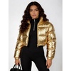 image:imageFlygo Womens Metallic Shiny Cropped Puffer Jacket Coat  Long Sleeve Padded Short Down Coat Winter Warm Stand Collar Side Pockets Waterproof Y2K Streetwear Rave Party FestivalsGold