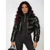 image:imageFlygo Womens Metallic Shiny Cropped Puffer Jacket Coat  Long Sleeve Padded Short Down Coat Winter Warm Stand Collar Side Pockets Waterproof Y2K Streetwear Rave Party FestivalsBlack