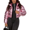 image:imageFlygo Womens Metallic Shiny Cropped Puffer Jacket Coat  Long Sleeve Padded Short Down Coat Winter Warm Stand Collar Side Pockets Waterproof Y2K Streetwear Rave Party FestivalsPink
