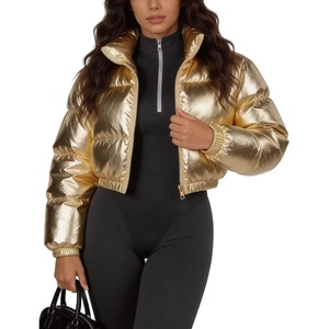 image:imageFlygo Womens Metallic Shiny Cropped Puffer Jacket Coat  Long Sleeve Padded Short Down Coat Winter Warm Stand Collar Side Pockets Waterproof Y2K Streetwear Rave Party FestivalsGold
