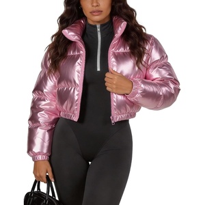 image:imageFlygo Womens Metallic Shiny Cropped Puffer Jacket Coat  Long Sleeve Padded Short Down Coat Winter Warm Stand Collar Side Pockets Waterproof Y2K Streetwear Rave Party FestivalsPink