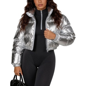 image:imageFlygo Womens Metallic Shiny Cropped Puffer Jacket Coat  Long Sleeve Padded Short Down Coat Winter Warm Stand Collar Side Pockets Waterproof Y2K Streetwear Rave Party FestivalsSilver