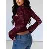 image:imageLace Long Sleeve Sexy Tops for Women Slim Going Out Crop Top  Bell Sleeve Y2K Cutout Date Party Night Out Shirts Stretchy Soft Sexy Flattering Seethrough Lace Mock Neck MeshBurgundy