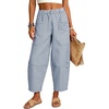 image:imageFlygo Women Casual Striped Barrel Pants Cotton Elastic Wide Leg Crop PantsDarkblue