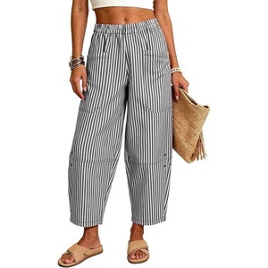 image:imageFlygo Women Casual Striped Barrel Pants Cotton Elastic Wide Leg Crop PantsBlack