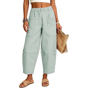image:imageFlygo Women Casual Striped Barrel Pants Cotton Elastic Wide Leg Crop PantsGreen