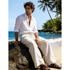 image:imageFlygo Mens Casual Linen Pants Baggy Loose Fit Drawstring with Pockets  Eco Recycled Linen Blend Breathable Adjustable Drawstring Waist Multi Pockets Relaxed Fit For Daily And SportsBeige