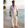 image:imageFlygo Mens Casual Linen Pants Baggy Loose Fit Drawstring with Pockets  Eco Recycled Linen Blend Breathable Adjustable Drawstring Waist Multi Pockets Relaxed Fit For Daily And SportsBeige
