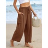 image:imageFlygo Womens Flowy Drawstring Wide Leg Pants with Side Pockets  Lightweight Breathable Fabric Elastic Drawstring Waist Loose Wide Leg Fit Big Side Pockets for Casual Daily WearBrown