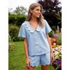 image:imageFlygo Womens Gingham Pajamas Set Cotton Plaid 2 Piece Pjs Set Sleepwear  100 Cotton Lounge Sets Scalloped Collar Shirt Short Sleeve Button Y2K Shorts Elastic Waist Pockets Summer OutfitsBlue