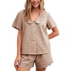 image:imageFlygo Womens Gingham Pajamas Set Cotton Plaid 2 Piece Pjs Set Sleepwear  100 Cotton Lounge Sets Scalloped Collar Shirt Short Sleeve Button Y2K Shorts Elastic Waist Pockets Summer OutfitsBrown