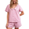 image:imageFlygo Womens Gingham Pajamas Set Cotton Plaid 2 Piece Pjs Set Sleepwear  100 Cotton Lounge Sets Scalloped Collar Shirt Short Sleeve Button Y2K Shorts Elastic Waist Pockets Summer OutfitsPink