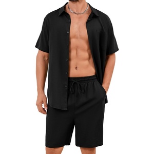 image:imageFlygo Mens Cotton Linen Sets 2 Piece Short Sleeve Shirt Shorts Beach OutfitBlack