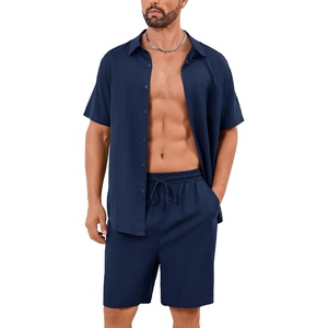 image:imageFlygo Mens Cotton Linen Sets 2 Piece Short Sleeve Shirt Shorts Beach OutfitNavy